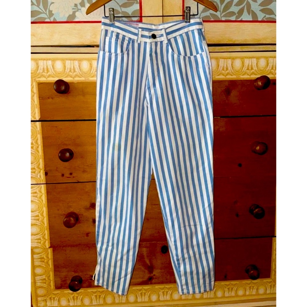 Vintage High Waisted Blue & White Striped Palmettos Pants Sz XS